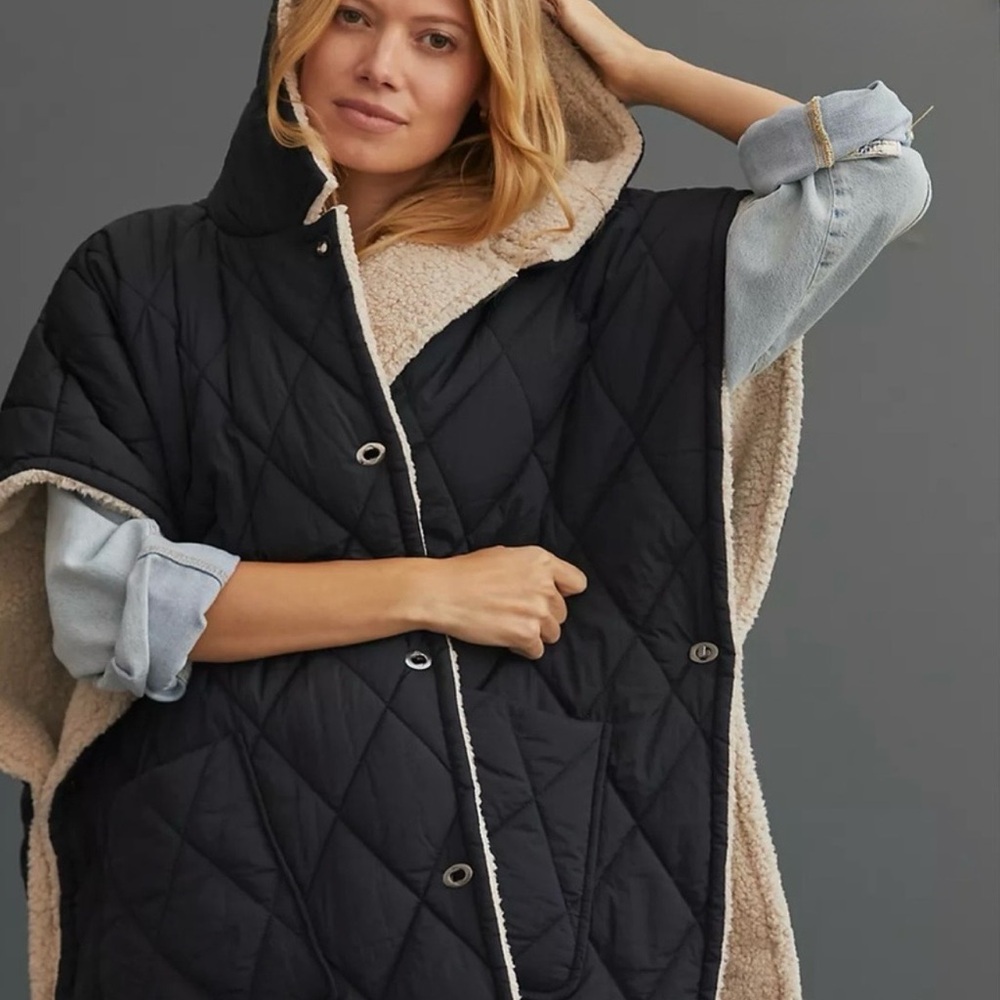 Anthropologie Quilted Hooded Poncho with Sherpa Lining
